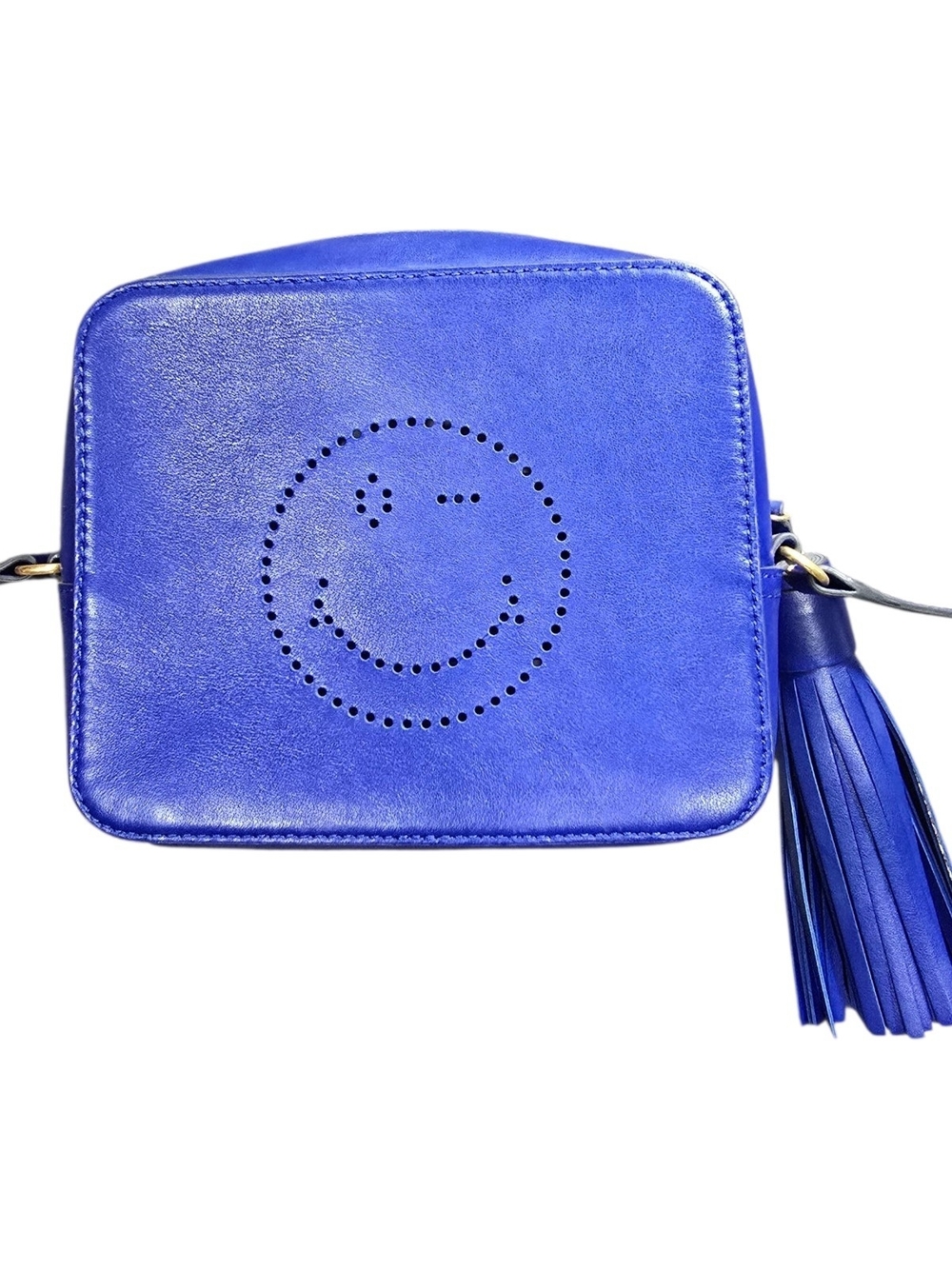 Anya Hindmarch Blue Leather Crossbody Bag with Smiley Cutout and Tassel